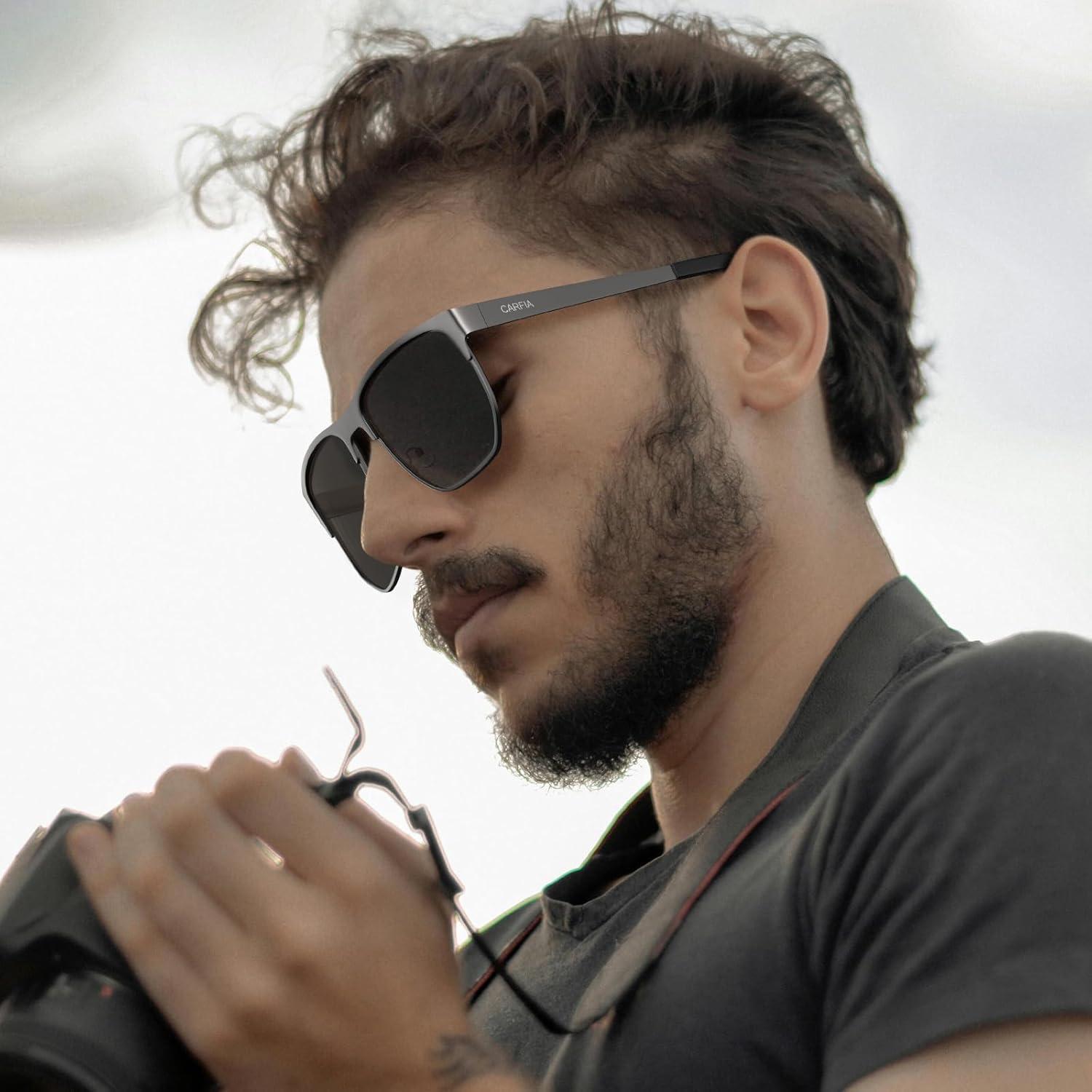 imageCARFIA Square Driving Polarized Sunglasses for Men Spring Hinge Eyewear CA52273 Gun Frame Grey Lens