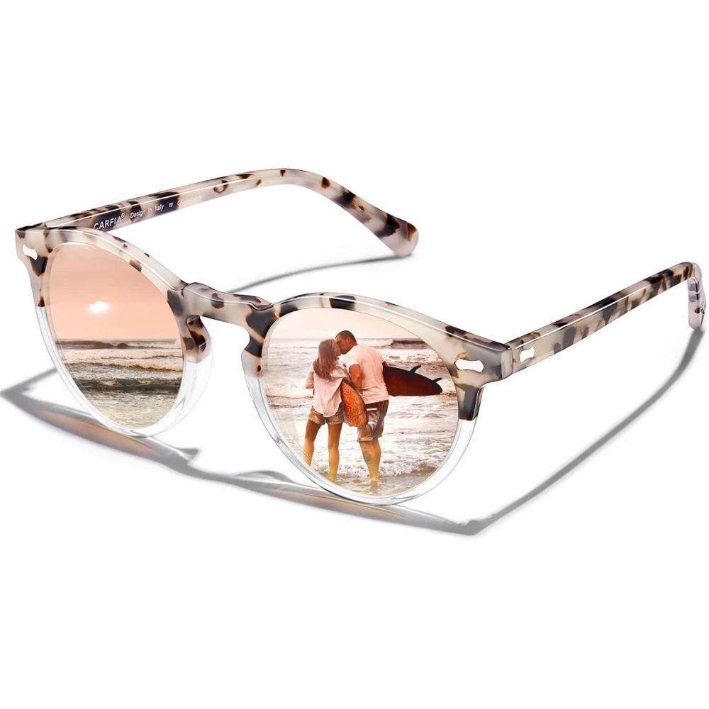 imageCARFIA Retro Polarized Sunglasses for Women UV Protection Acetate Classic Vintage Style Round Shades2pink Tortoise Frame Pink Mirror