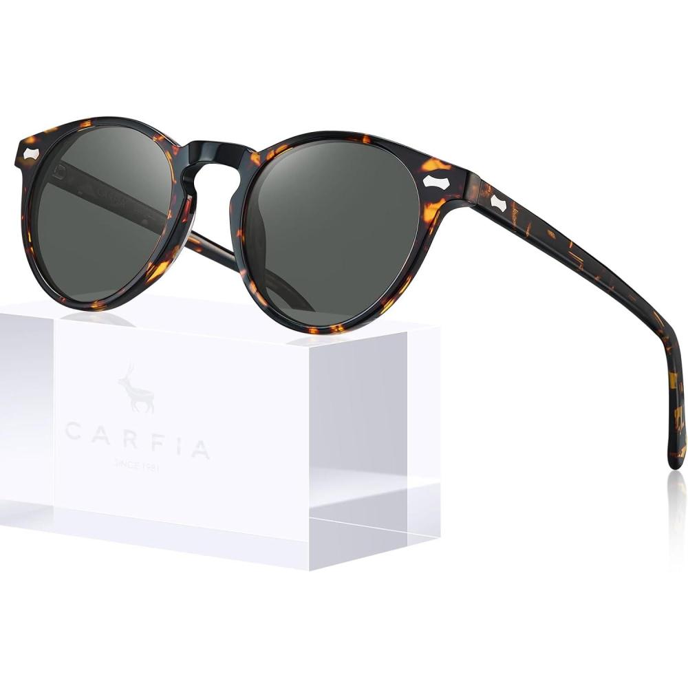 imageCARFIA Retro Polarized Sunglasses for Women UV Protection Acetate Classic Vintage Style Round Shades3tortoise Frame Grey Lens