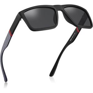 CARFIA Grid Temple Polarized Sunglasses for Men UV Protection Sturdy TR90 Frame Cool Square Sun Glasses(Black Frame Grey Lens)