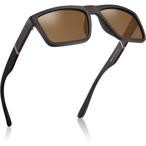 CARFIA Grid Temple Polarized Sunglasses for Men UV Protection Sturdy TR90 Frame Cool Square Sun Glasses(Matte Brown Frame Brown Lens)