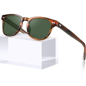 CARFIA Modern Retro Polarized Sunglasses for Men Hand-crafted Acetate Frame Classic Square Sun Glasses CA2132(2-2. Brown Striped Frame Green Lenses)