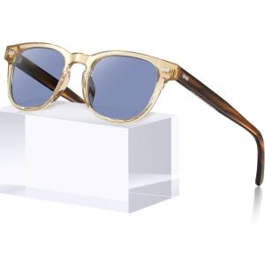 CARFIA Modern Retro Polarized Sunglasses for Men Hand-crafted Acetate Frame Classic Square Sun Glasses CA2132(5. Clear Coffee Frame Blue Lenses)