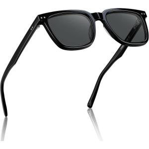 CARFIA Retro Acetate Polarized Sunglasses for Men UV Protection Square Classic Eyewear for Driving Outdoor(1. Black Frame + Gray Lenses)