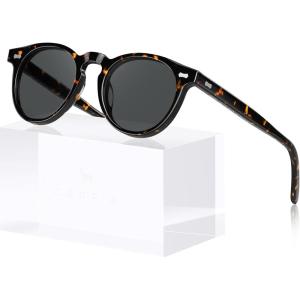CARFIA Retro Acetate Polarized Sunglasses for Men UV Protection, Vintage Round Frame Eyewear with Gold Filigree CA5506(G: Tortoiseshell Frame Grey Lens)