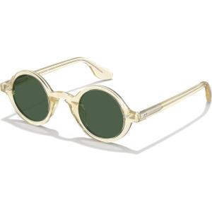 CARFIA Retro Acetate Small Face Polarized Sunglasses for Men Cool Classic Round Sun Glasses CA2501(R3. Clear Tea Frame Green Lens)