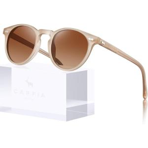 CARFIA Retro Polarized Sunglasses for Women UV Protection Acetate Classic Vintage Style Round Shades(7.matte Pink Frame Brown Lens)