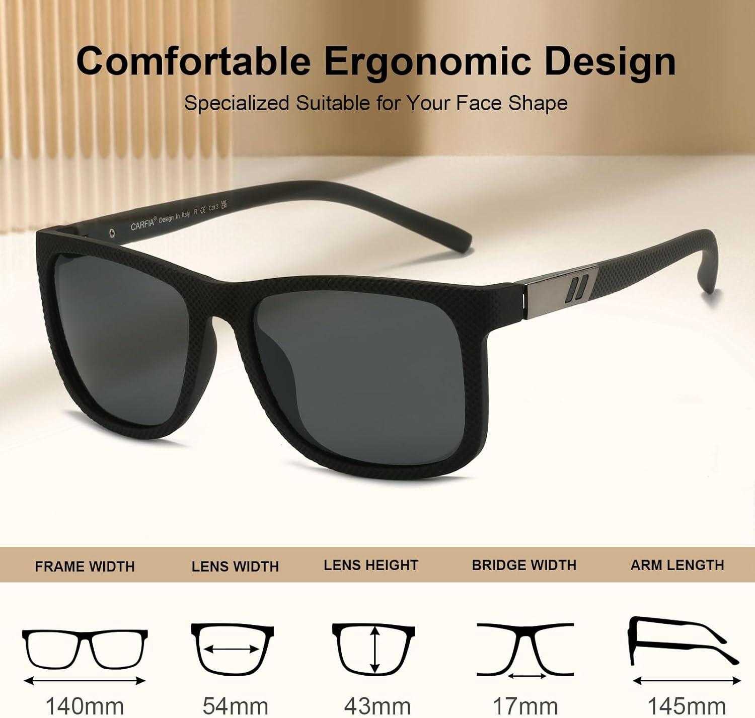 imageCARFIA TR90 Spring Flexible Polarized Mens Sunglasses Extremely Lightweight Comfortable Unbreakable Driving Glasses1 Matte Black Frame Grey Lenses