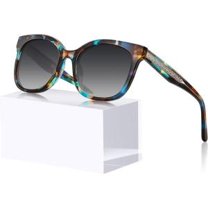 CARFIA Cat Eye Acetate Polarized Sunglasses for Women UV Protection, Retro Ladies Eyewears with Embossed Pattern Wire Core(1. Blue Tortoise Frame + Gradient Grey Lens)