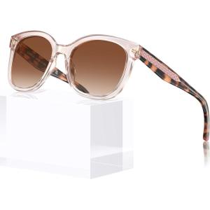 CARFIA Cat Eye Acetate Polarized Sunglasses for Women UV Protection, Retro Ladies Eyewears with Embossed Pattern Wire Core(2. Transparent Pink Frame + Gradient Brown Lens)