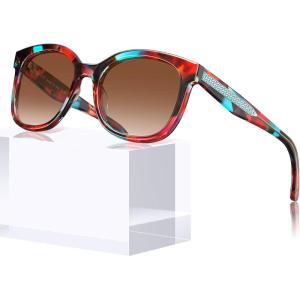 CARFIA Cat Eye Acetate Polarized Sunglasses for Women UV Protection, Retro Ladies Eyewears with Embossed Pattern Wire Core(3. Floral Tortoise Frame + Gradient Brown Lens)