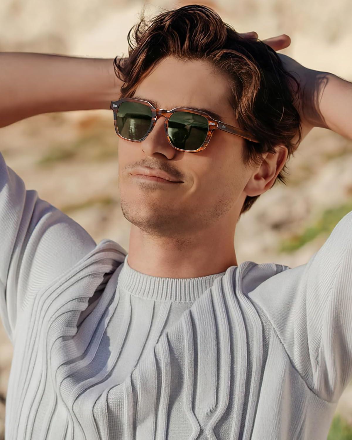 imageCARFIA Polarized Sunglasses for Men UV400 Protection Retro Sun Glasses with Acetate Square Frame for Driving Fishing CA5405A Striped Frame Green Lens