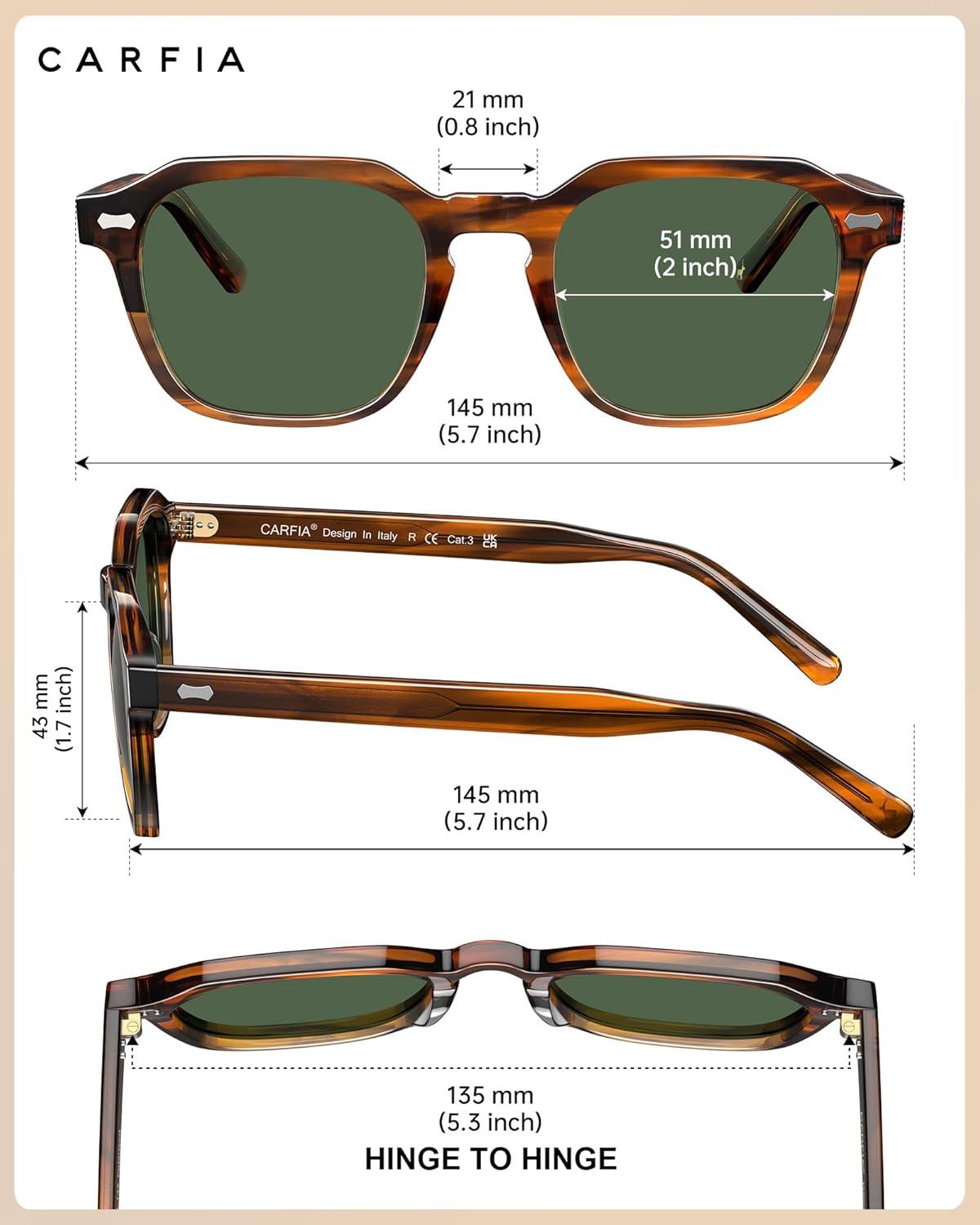 imageCARFIA Polarized Sunglasses for Men UV400 Protection Retro Sun Glasses with Acetate Square Frame for Driving Fishing CA5405A Striped Frame Green Lens