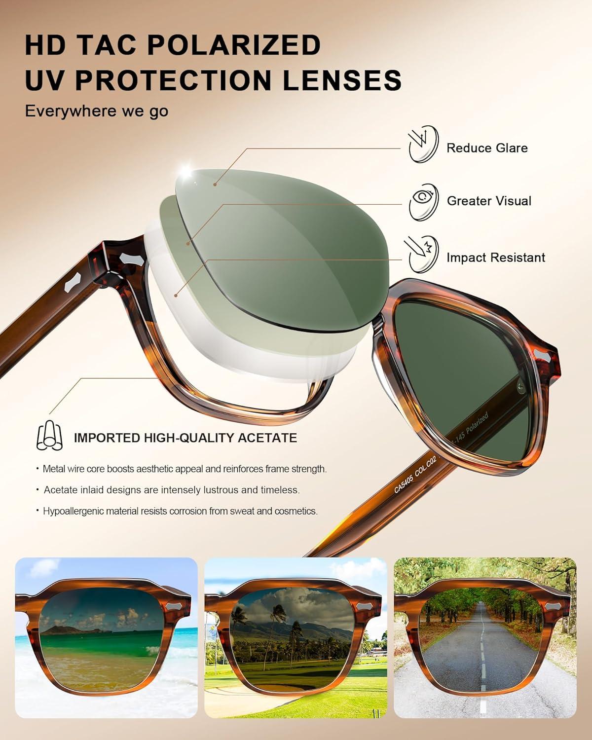 imageCARFIA Polarized Sunglasses for Men UV400 Protection Retro Sun Glasses with Acetate Square Frame for Driving Fishing CA5405A Striped Frame Green Lens