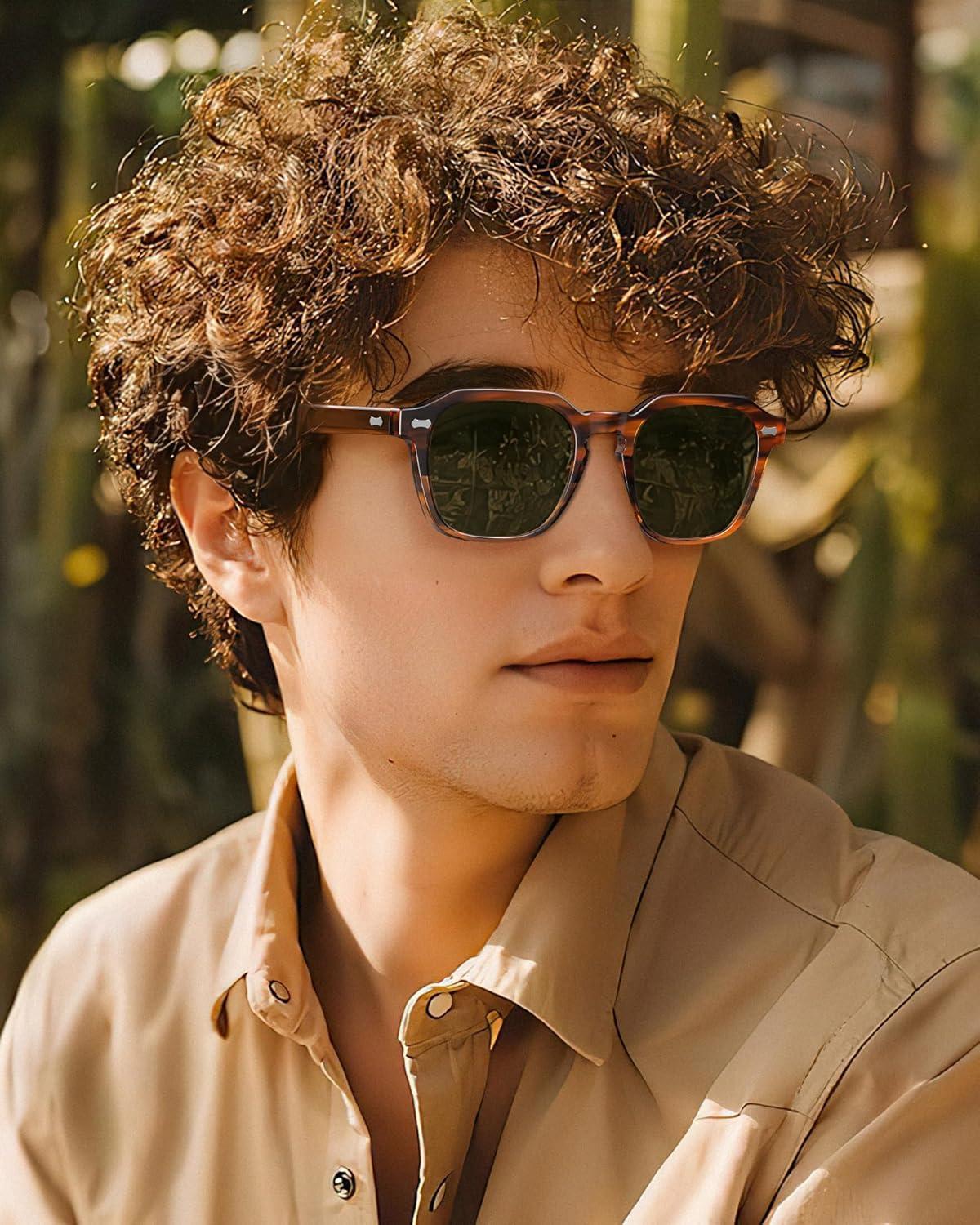 imageCARFIA Polarized Sunglasses for Men UV400 Protection Retro Sun Glasses with Acetate Square Frame for Driving Fishing CA5405A Striped Frame Green Lens