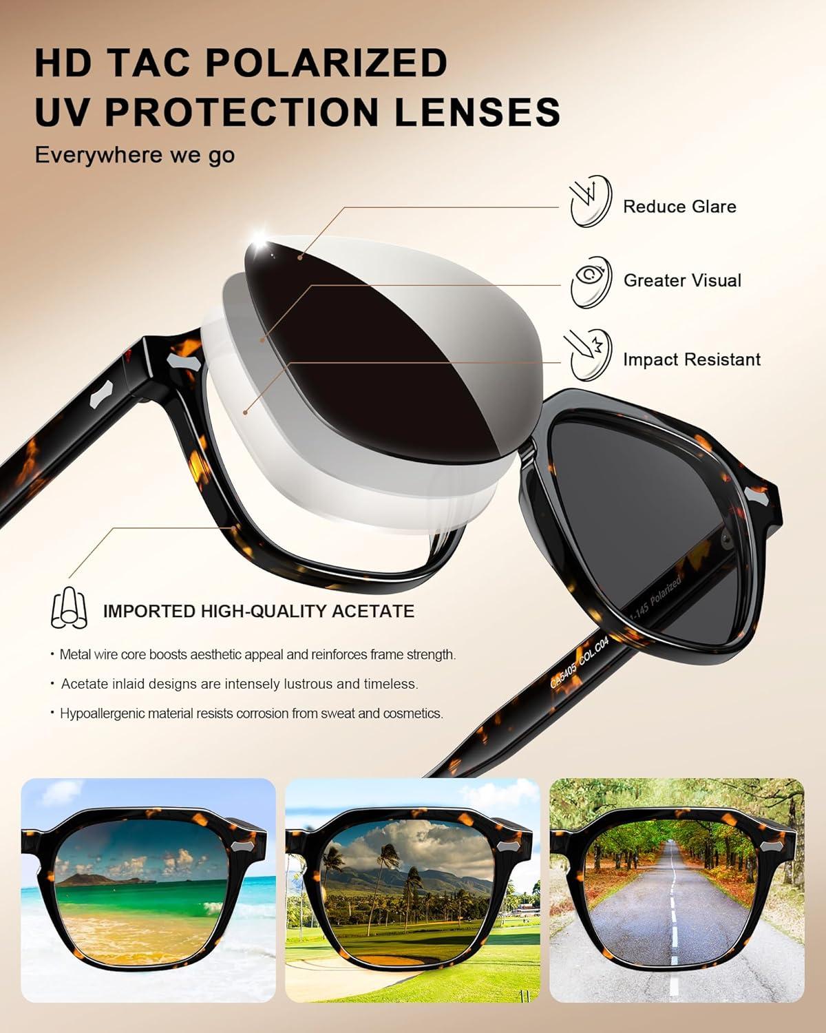 imageCARFIA Polarized Sunglasses for Men UV400 Protection Retro Sun Glasses with Acetate Square Frame for Driving Fishing CA5405B Tortoiseshell Frame Gray Lens