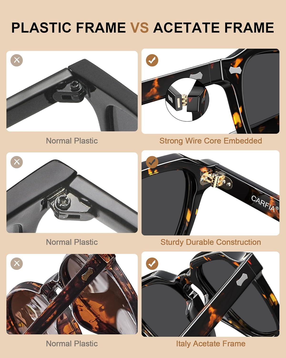 imageCARFIA Polarized Sunglasses for Men UV400 Protection Retro Sun Glasses with Acetate Square Frame for Driving Fishing CA5405B Tortoiseshell Frame Gray Lens