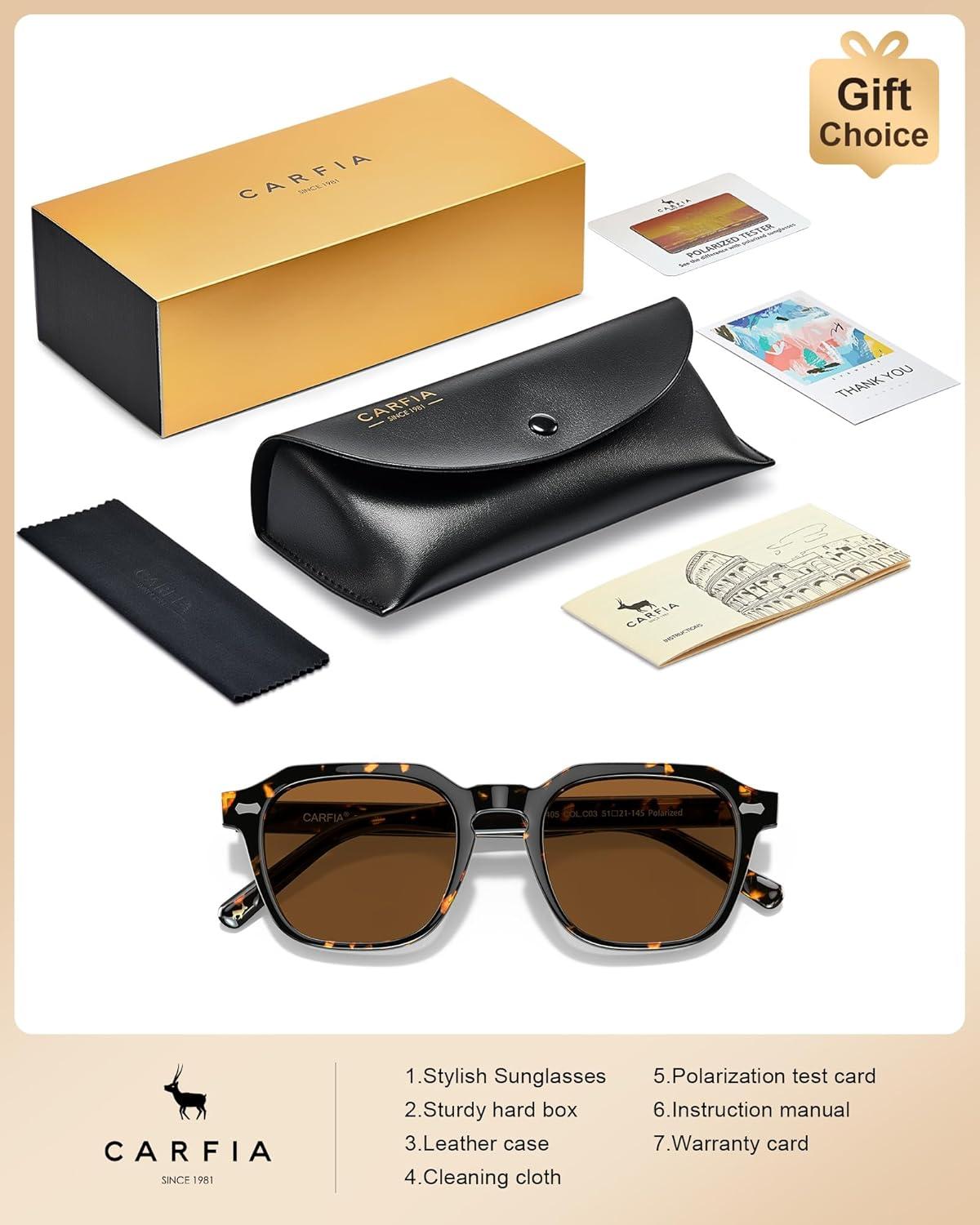 imageCARFIA Polarized Sunglasses for Men UV400 Protection Retro Sun Glasses with Acetate Square Frame for Driving Fishing CA5405C Tortoiseshell Frame Brown Lens