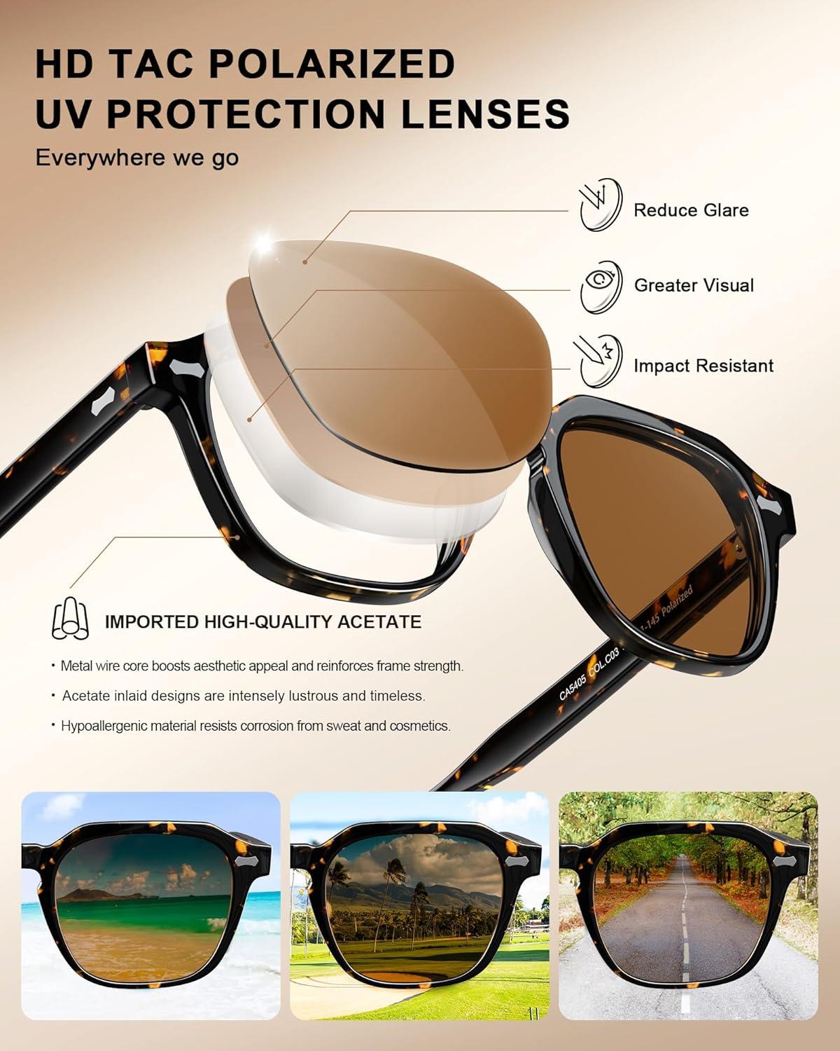 imageCARFIA Polarized Sunglasses for Men UV400 Protection Retro Sun Glasses with Acetate Square Frame for Driving Fishing CA5405C Tortoiseshell Frame Brown Lens