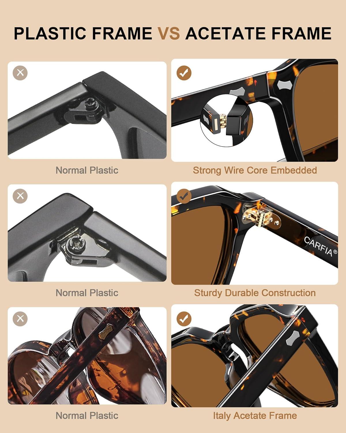 imageCARFIA Polarized Sunglasses for Men UV400 Protection Retro Sun Glasses with Acetate Square Frame for Driving Fishing CA5405C Tortoiseshell Frame Brown Lens