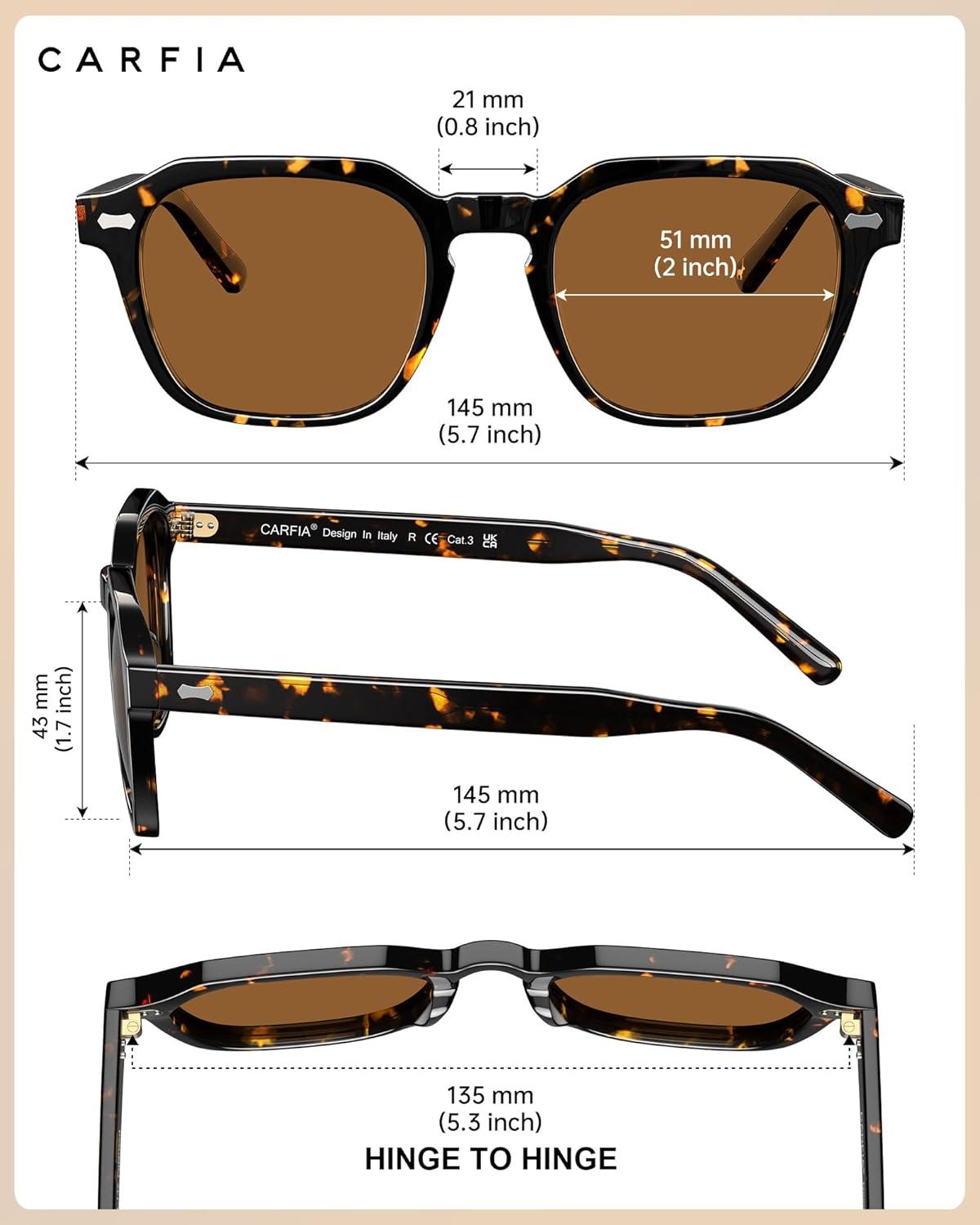 imageCARFIA Polarized Sunglasses for Men UV400 Protection Retro Sun Glasses with Acetate Square Frame for Driving Fishing CA5405C Tortoiseshell Frame Brown Lens