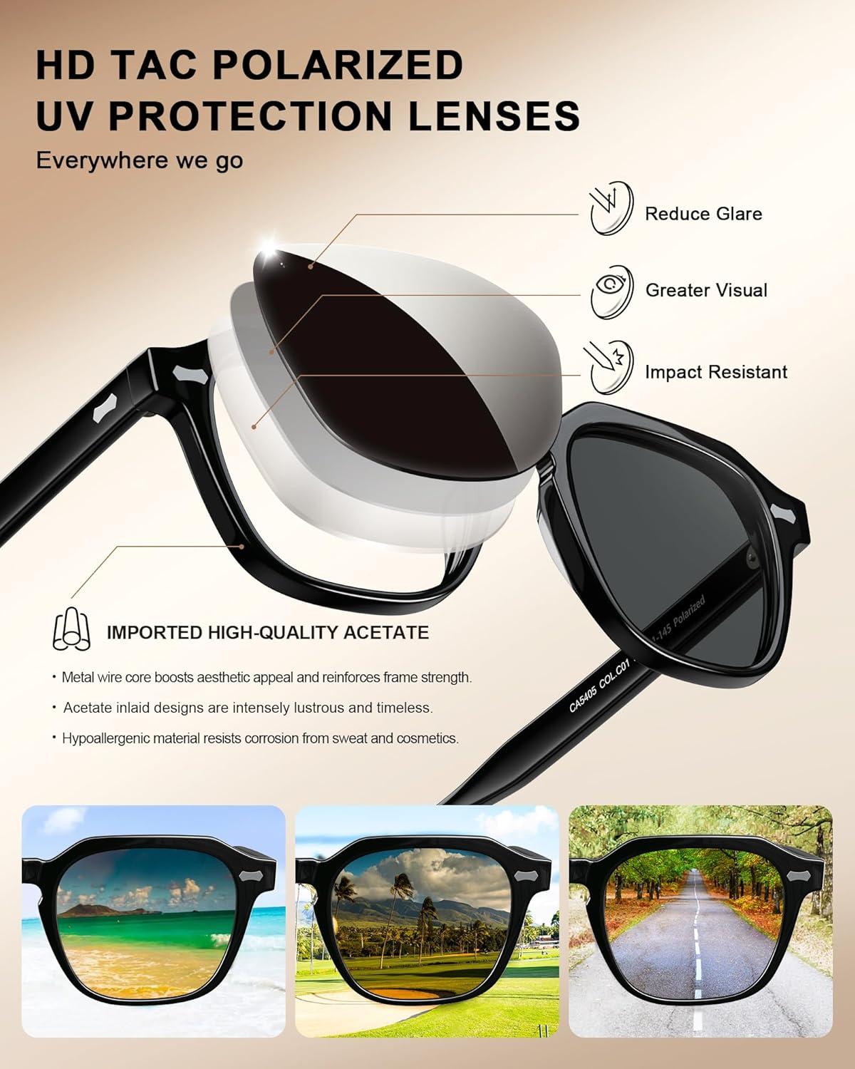 imageCARFIA Polarized Sunglasses for Men UV400 Protection Retro Sun Glasses with Acetate Square Frame for Driving Fishing CA5405D Black Frame Gray Lens