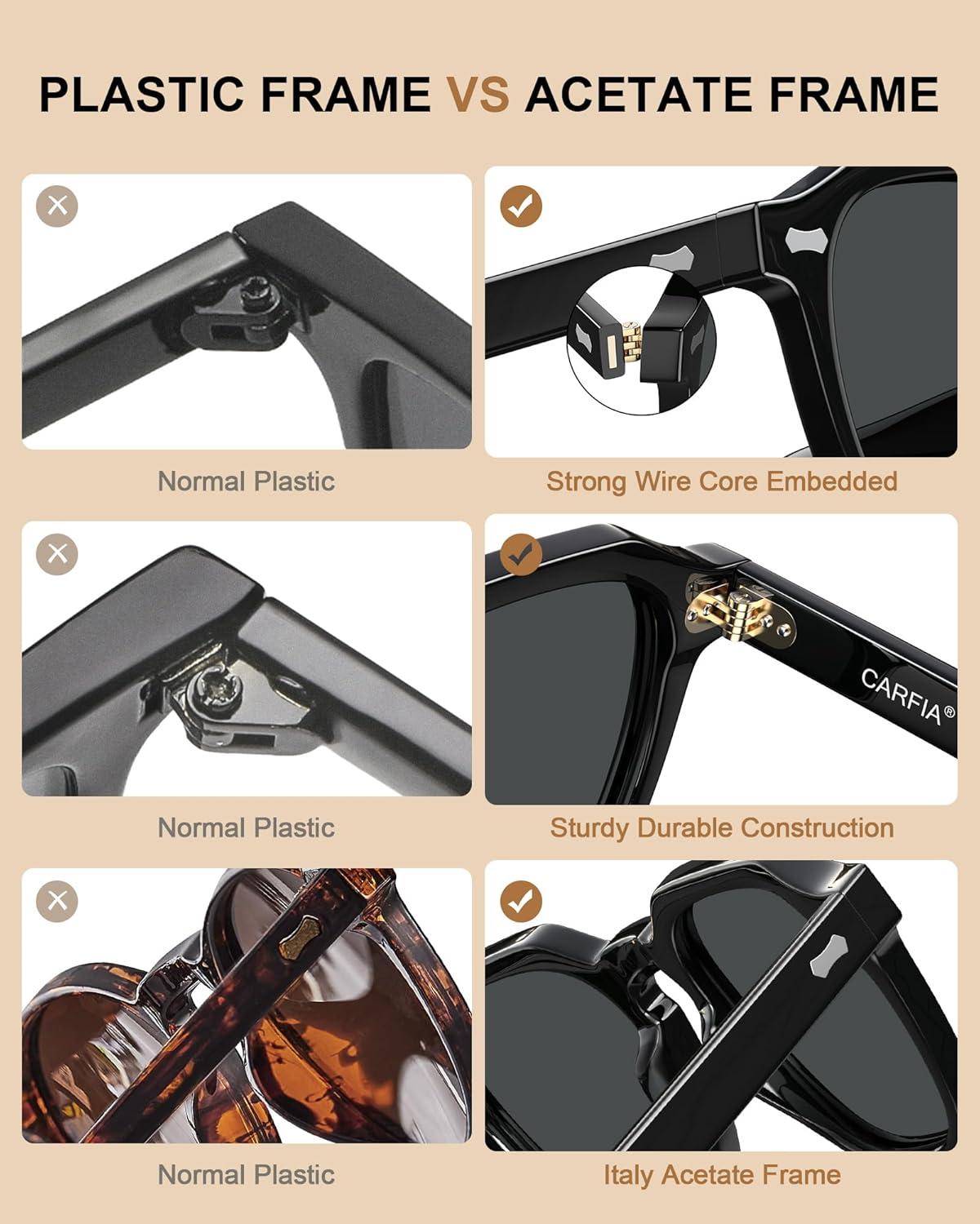 imageCARFIA Polarized Sunglasses for Men UV400 Protection Retro Sun Glasses with Acetate Square Frame for Driving Fishing CA5405D Black Frame Gray Lens