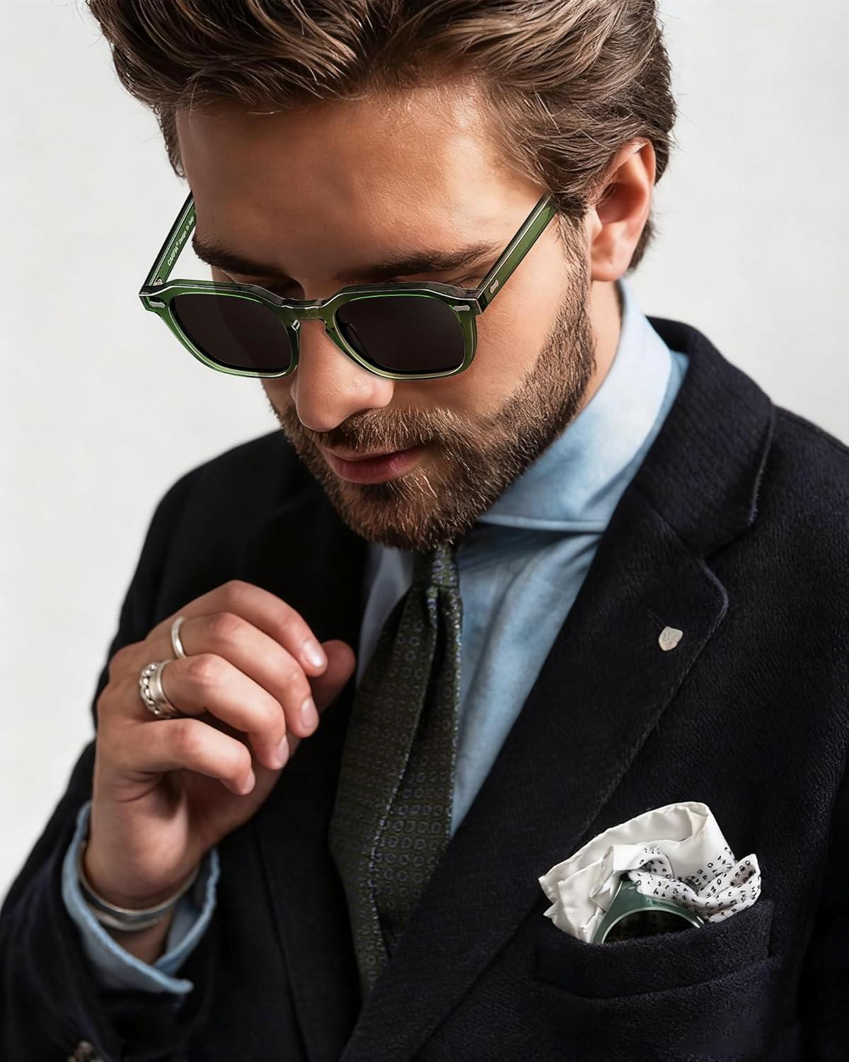 imageCARFIA Polarized Sunglasses for Men UV400 Protection Retro Sun Glasses with Acetate Square Frame for Driving Fishing CA5405E Transparent Army Green Frames Gray Lens