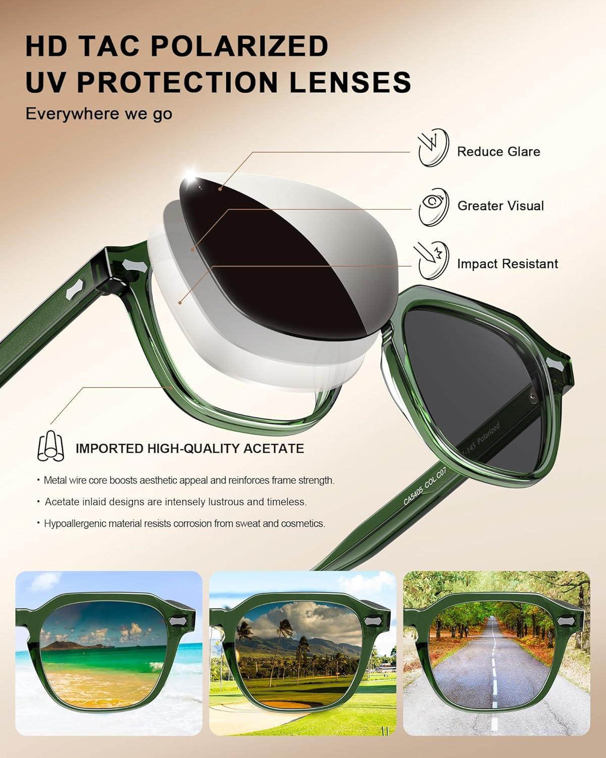 imageCARFIA Polarized Sunglasses for Men UV400 Protection Retro Sun Glasses with Acetate Square Frame for Driving Fishing CA5405E Transparent Army Green Frames Gray Lens