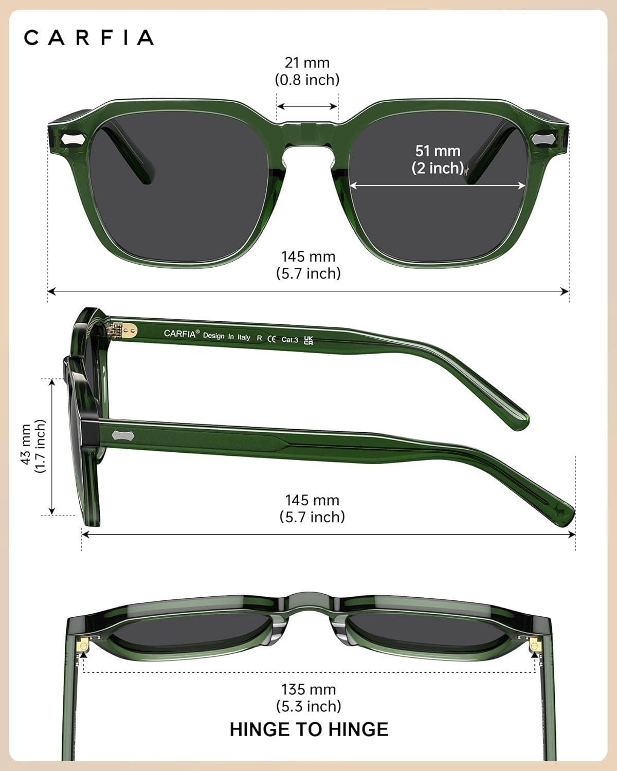 imageCARFIA Polarized Sunglasses for Men UV400 Protection Retro Sun Glasses with Acetate Square Frame for Driving Fishing CA5405E Transparent Army Green Frames Gray Lens