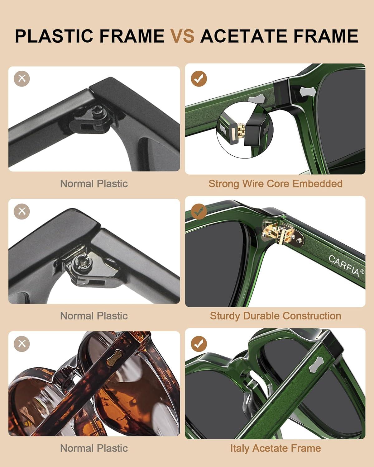 imageCARFIA Polarized Sunglasses for Men UV400 Protection Retro Sun Glasses with Acetate Square Frame for Driving Fishing CA5405E Transparent Army Green Frames Gray Lens