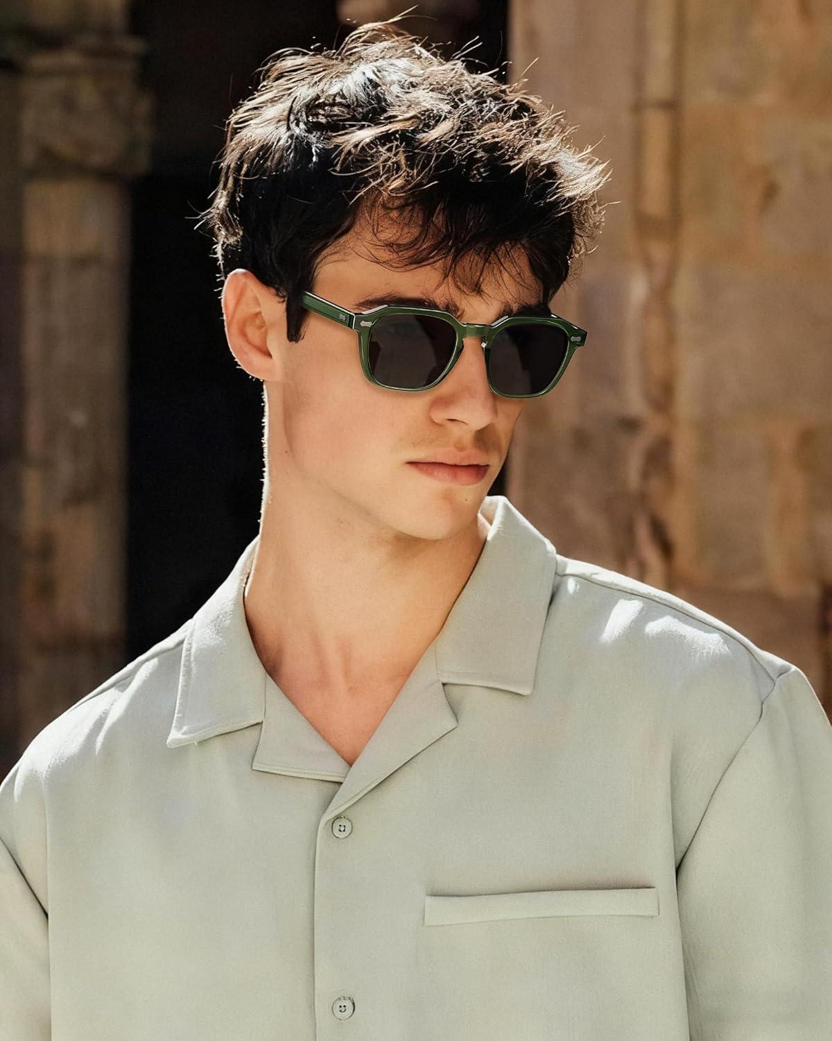 imageCARFIA Polarized Sunglasses for Men UV400 Protection Retro Sun Glasses with Acetate Square Frame for Driving Fishing CA5405E Transparent Army Green Frames Gray Lens