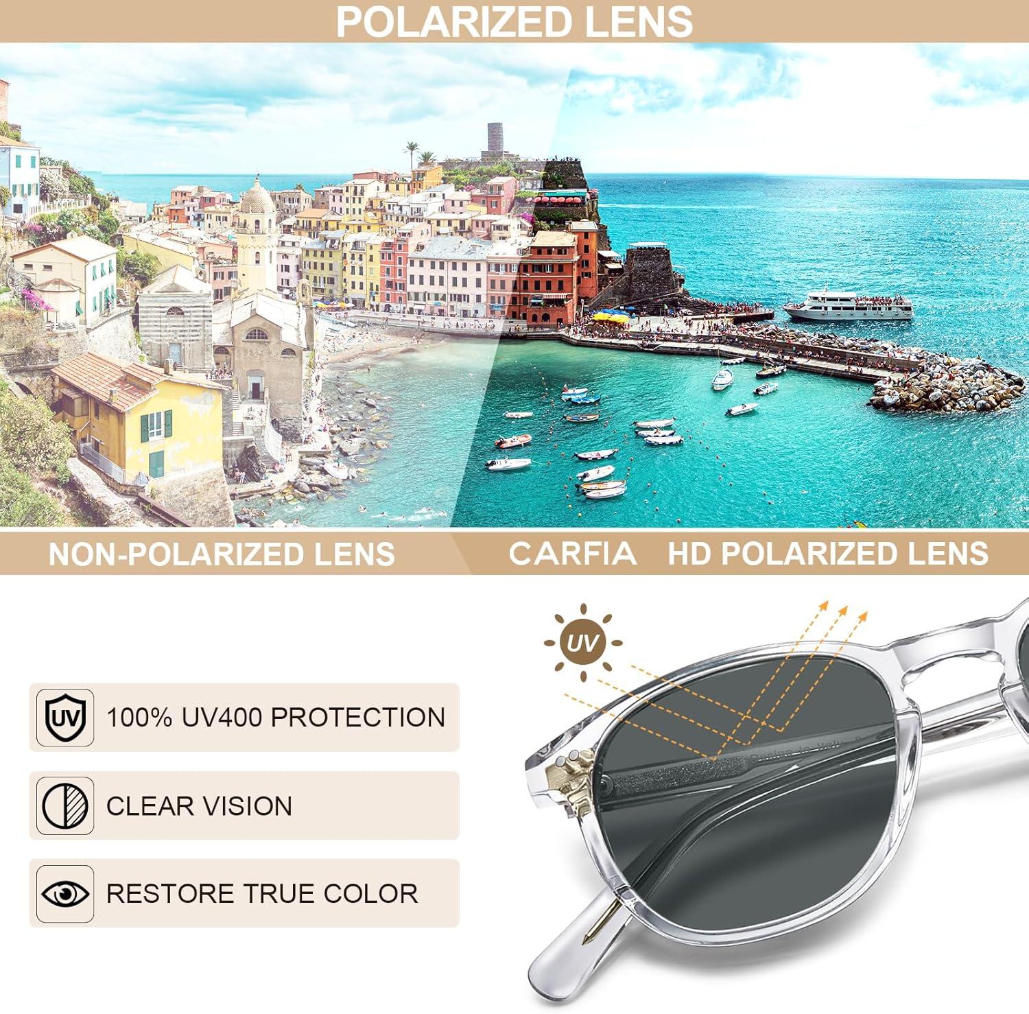 imageCARFIA Retro Cool Acetate Polarized Sunglasses for Men UV Protection Outdoor Fashion Driving Eyewears Male Square Sunnies6 Transparent Frame Grey Lens