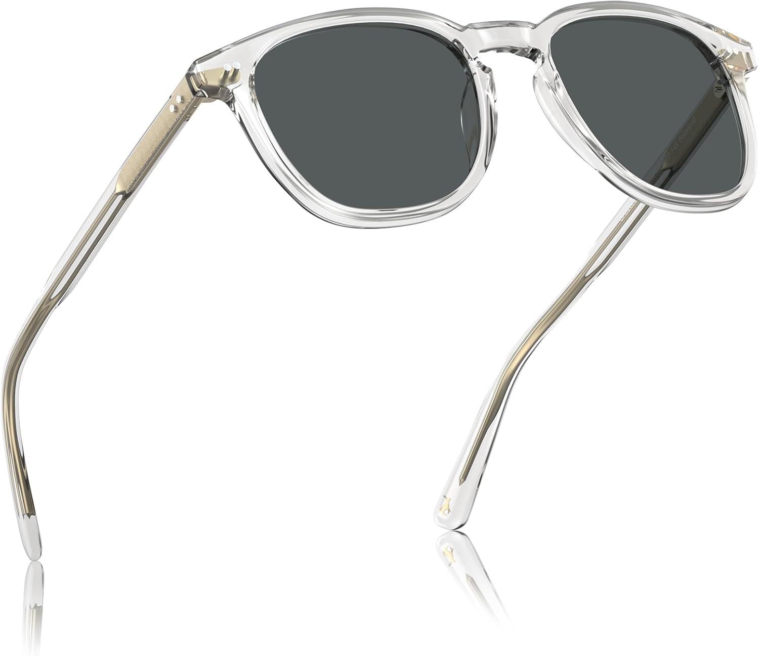 imageCARFIA Retro Cool Acetate Polarized Sunglasses for Men UV Protection Outdoor Fashion Driving Eyewears Male Square Sunnies6 Transparent Frame Grey Lens