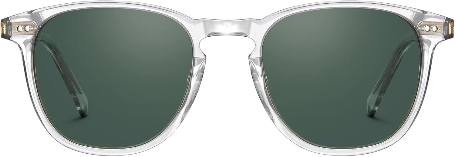 imageCARFIA Retro Cool Acetate Polarized Sunglasses for Men UV Protection Outdoor Fashion Driving Eyewears Male Square Sunnies72 Transparent Frame Green Lens