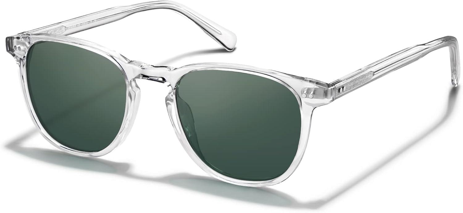 imageCARFIA Retro Cool Acetate Polarized Sunglasses for Men UV Protection Outdoor Fashion Driving Eyewears Male Square Sunnies72 Transparent Frame Green Lens