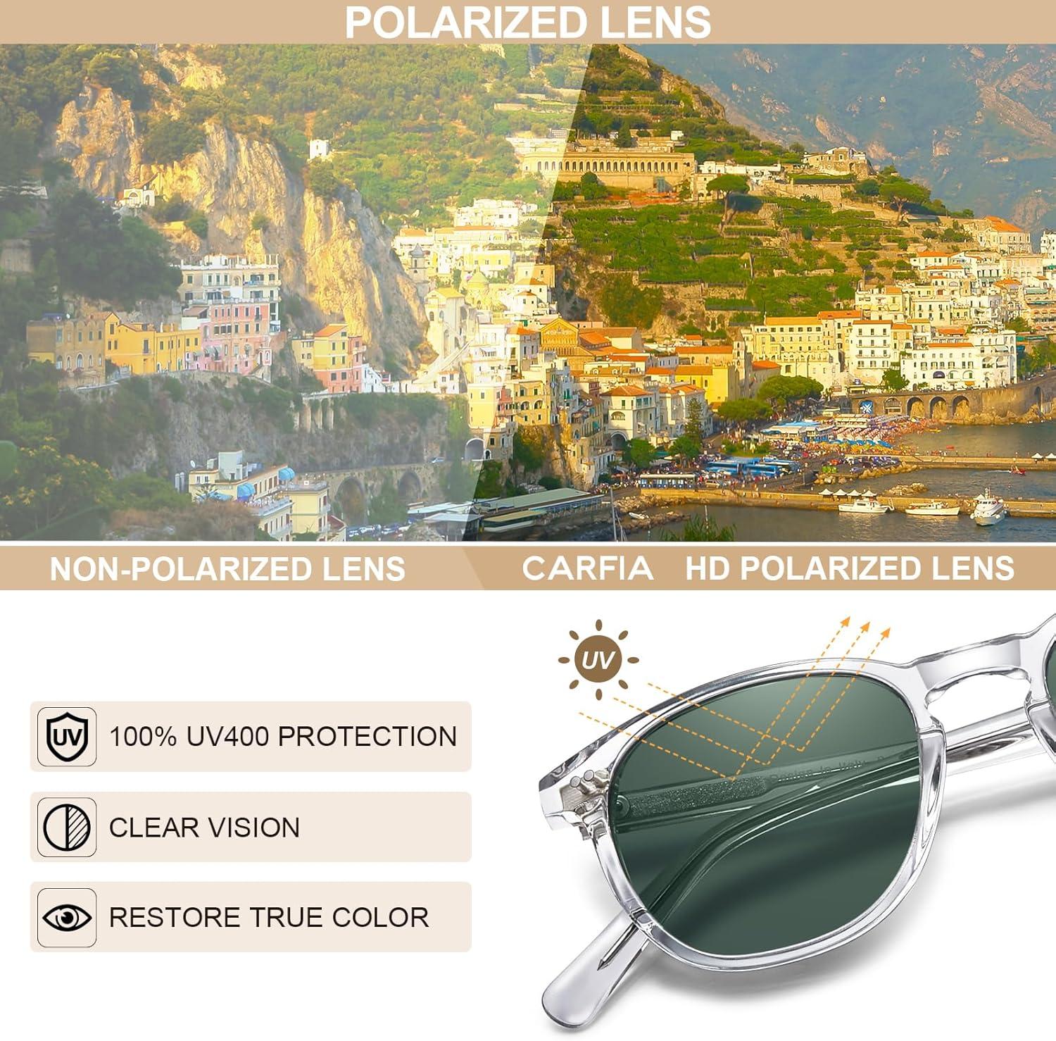 imageCARFIA Retro Cool Acetate Polarized Sunglasses for Men UV Protection Outdoor Fashion Driving Eyewears Male Square Sunnies72 Transparent Frame Green Lens