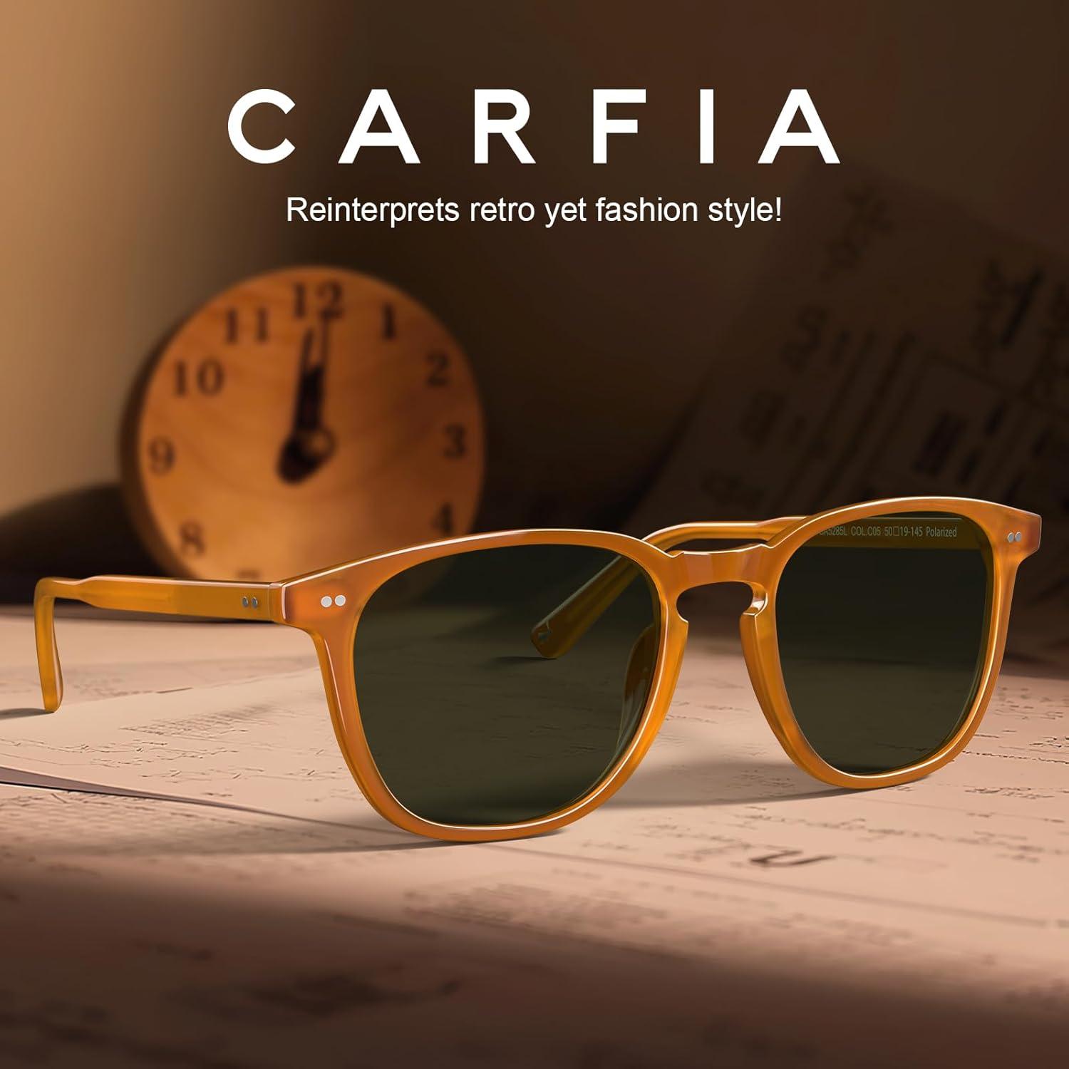 imageCARFIA Retro Cool Acetate Polarized Sunglasses for Men UV Protection Outdoor Fashion Driving Eyewears Male Square Sunnies74 Amber Yellow Frame Green Lens