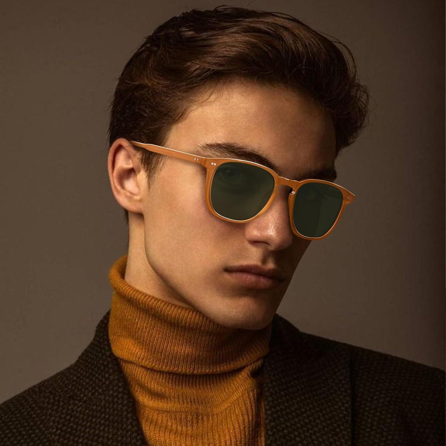 imageCARFIA Retro Cool Acetate Polarized Sunglasses for Men UV Protection Outdoor Fashion Driving Eyewears Male Square Sunnies74 Amber Yellow Frame Green Lens
