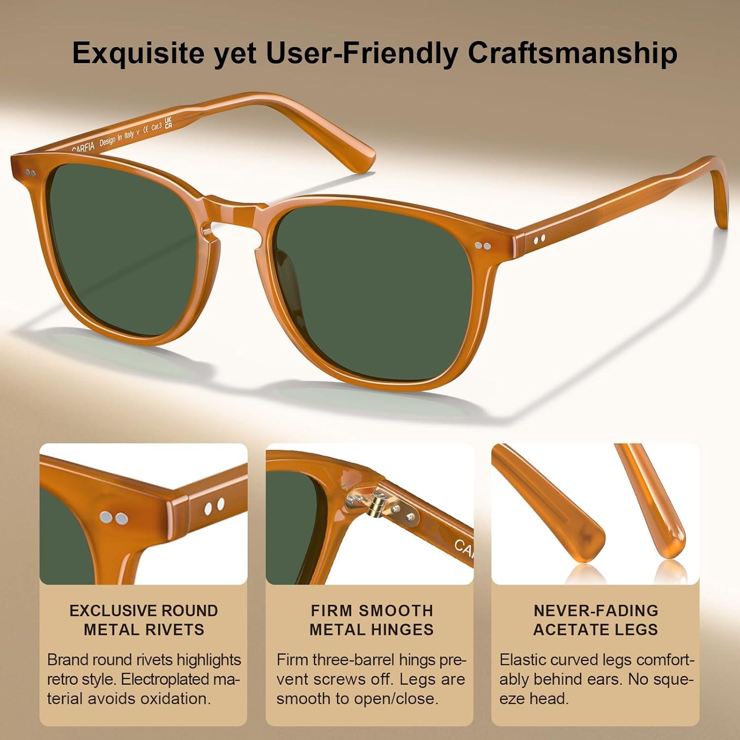 imageCARFIA Retro Cool Acetate Polarized Sunglasses for Men UV Protection Outdoor Fashion Driving Eyewears Male Square Sunnies74 Amber Yellow Frame Green Lens