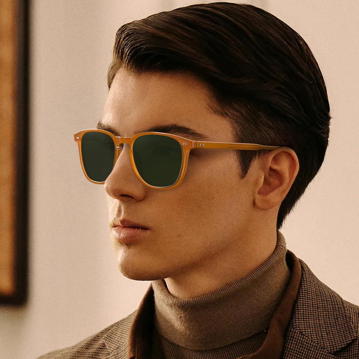 imageCARFIA Retro Cool Acetate Polarized Sunglasses for Men UV Protection Outdoor Fashion Driving Eyewears Male Square Sunnies74 Amber Yellow Frame Green Lens