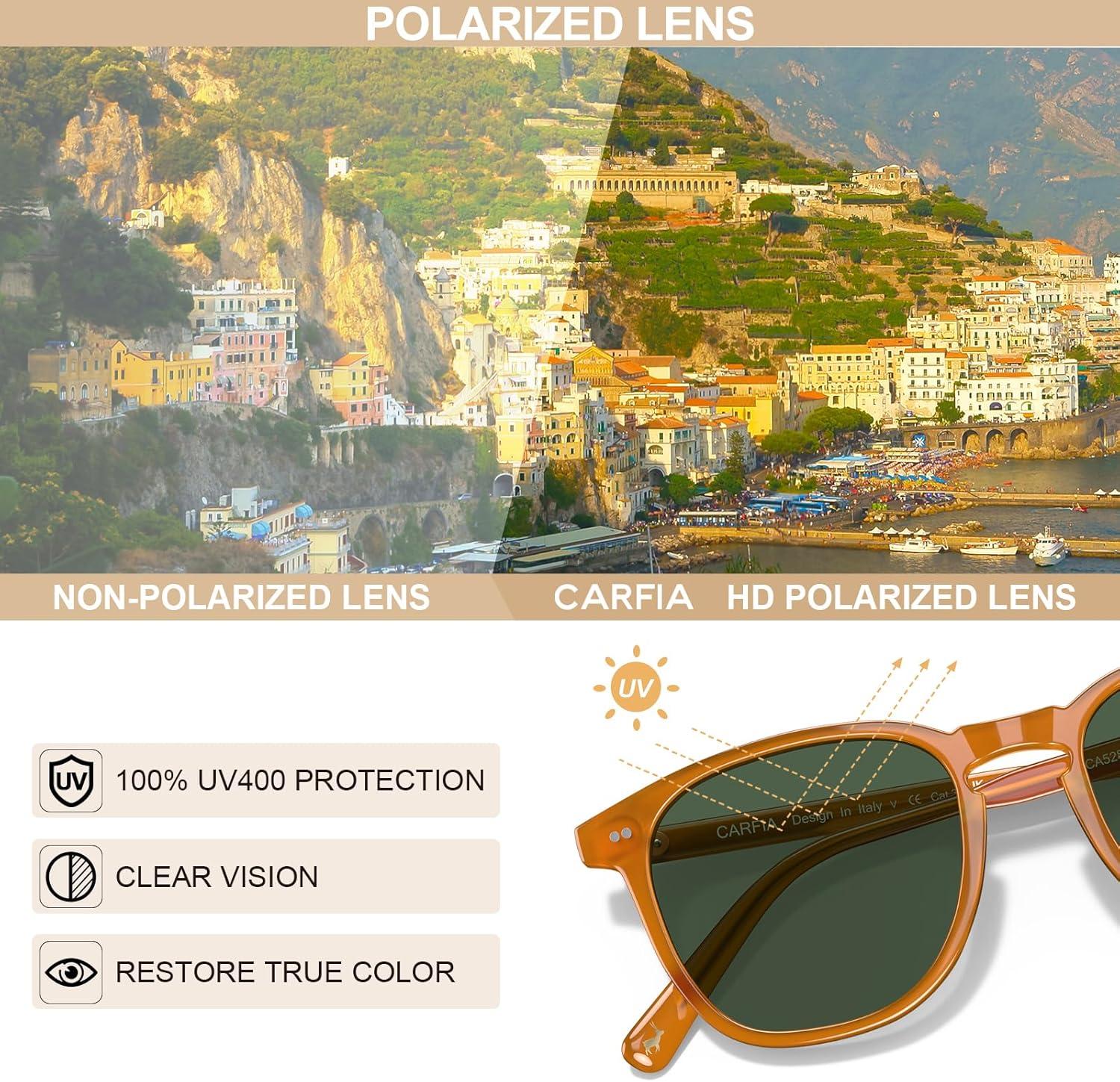 imageCARFIA Retro Cool Acetate Polarized Sunglasses for Men UV Protection Outdoor Fashion Driving Eyewears Male Square Sunnies74 Amber Yellow Frame Green Lens