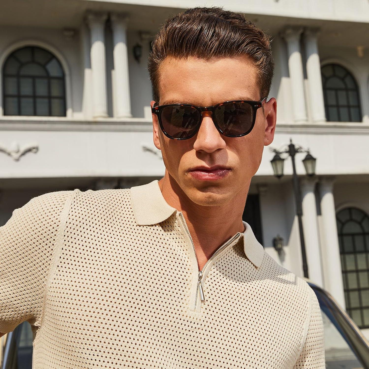 imageCARFIA Retro Cool Acetate Polarized Sunglasses for Men UV Protection Outdoor Fashion Driving Eyewears Male Square Sunnies81 Tortoise Frame Grey Lens