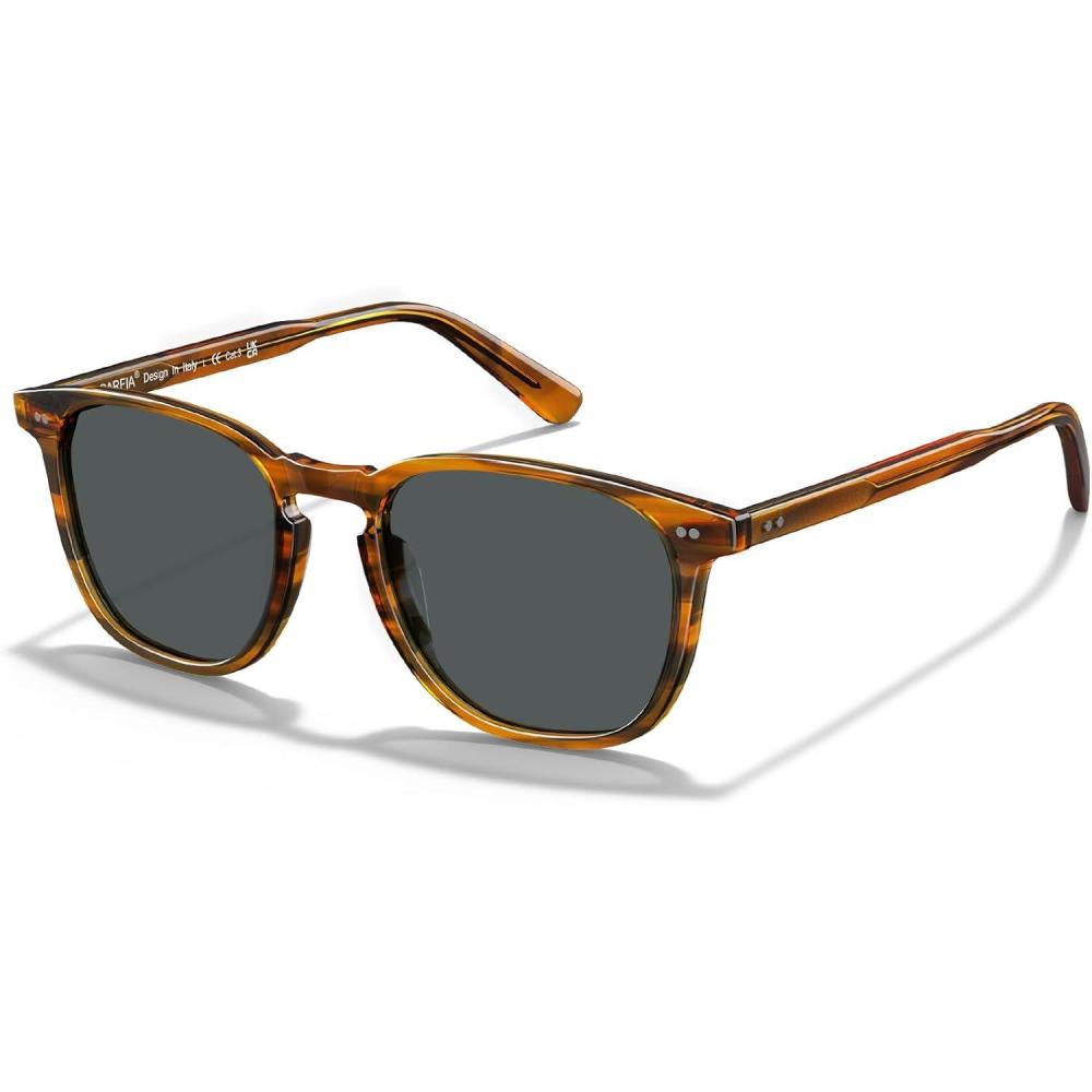 imageCARFIA Retro Cool Acetate Polarized Sunglasses for Men UV Protection Outdoor Fashion Driving Eyewears Male Square Sunnies2 Brown Striped Frame Grey Lens