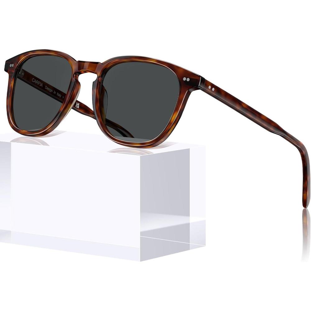 imageCARFIA Retro Cool Acetate Polarized Sunglasses for Men UV Protection Outdoor Fashion Driving Eyewears Male Square Sunnies3 Coffee Tortoise Frame Grey Lens