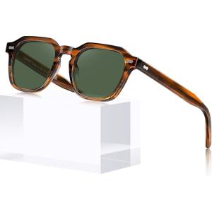CARFIA Polarized Sunglasses for Men UV400 Protection, Retro Sun Glasses with Acetate Square Frame for Driving Fishing CA5405(A. Striped Frame Green Lens)