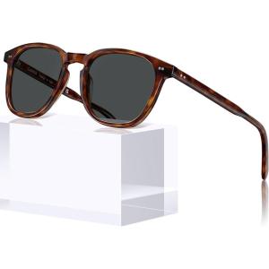 CARFIA Retro Cool Acetate Polarized Sunglasses for Men UV Protection, Outdoor Fashion Driving Eyewears Male Square Sunnies(3. Coffee Tortoise Frame Grey Lens)