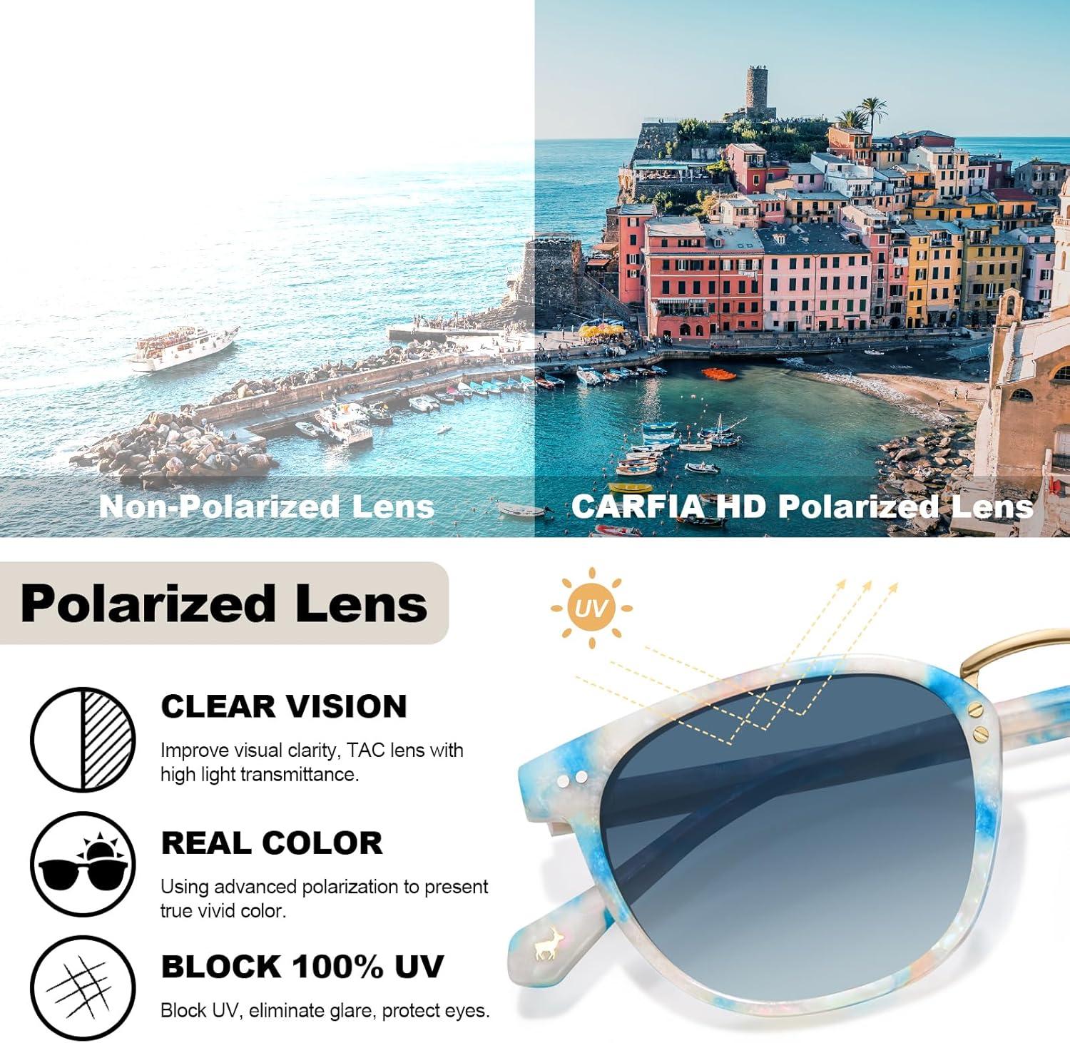 imageCARFIA Small Face Acetate Polarized Sunglasses for Women UV Protection Retro Trendy Eyewear Metal Bridge Brow Ladies Sunnies7 Blue White Marble Tortoise Frame Gradient Blue Lens