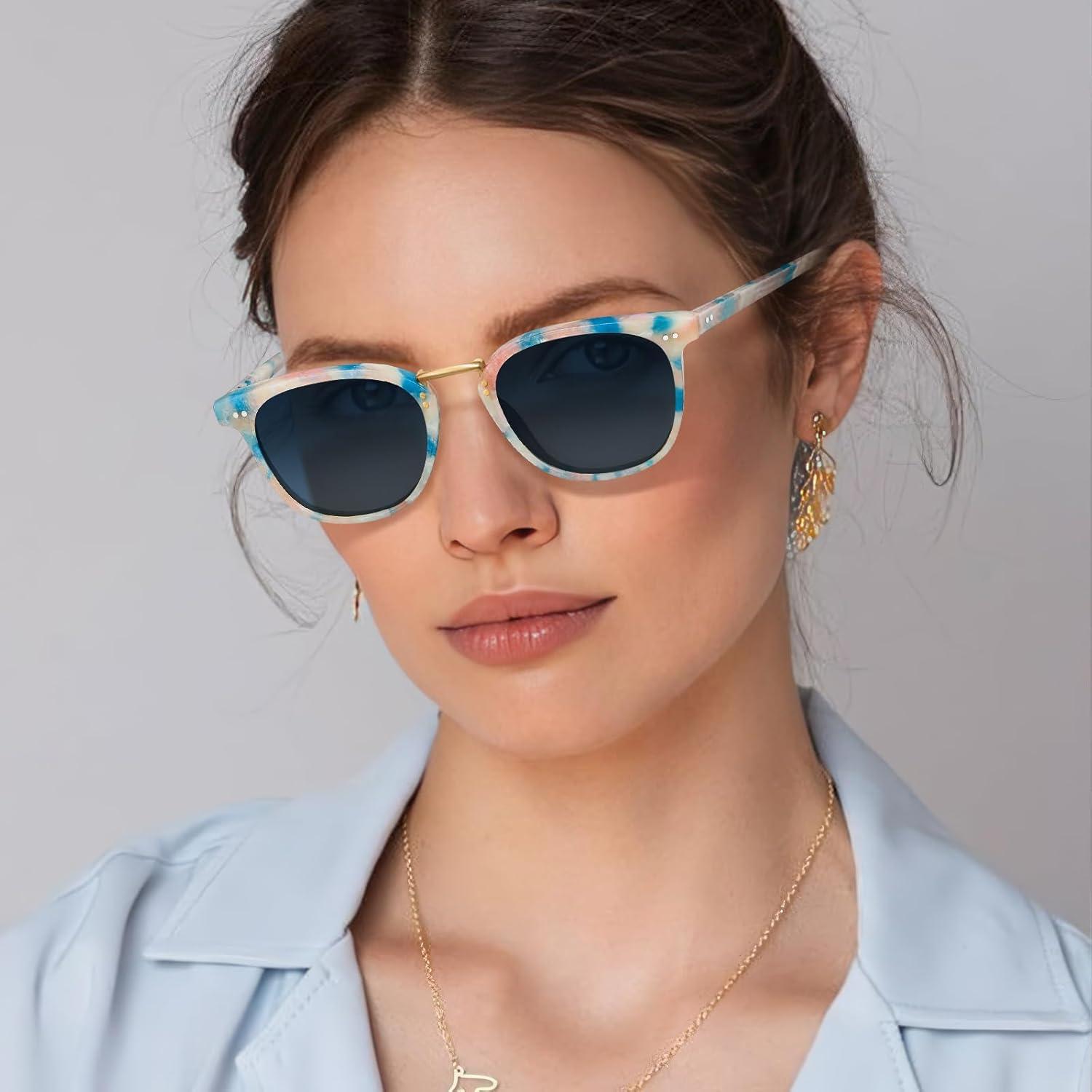 imageCARFIA Small Face Acetate Polarized Sunglasses for Women UV Protection Retro Trendy Eyewear Metal Bridge Brow Ladies Sunnies7 Blue White Marble Tortoise Frame Gradient Blue Lens