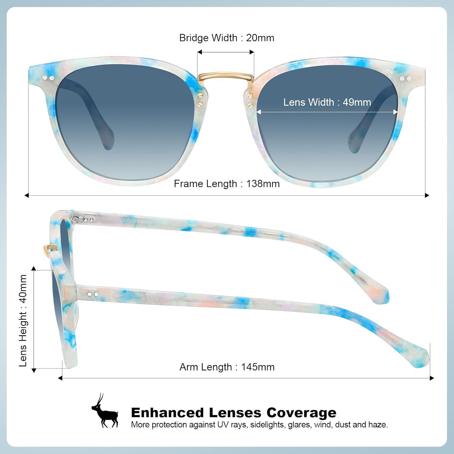 imageCARFIA Small Face Acetate Polarized Sunglasses for Women UV Protection Retro Trendy Eyewear Metal Bridge Brow Ladies Sunnies7 Blue White Marble Tortoise Frame Gradient Blue Lens